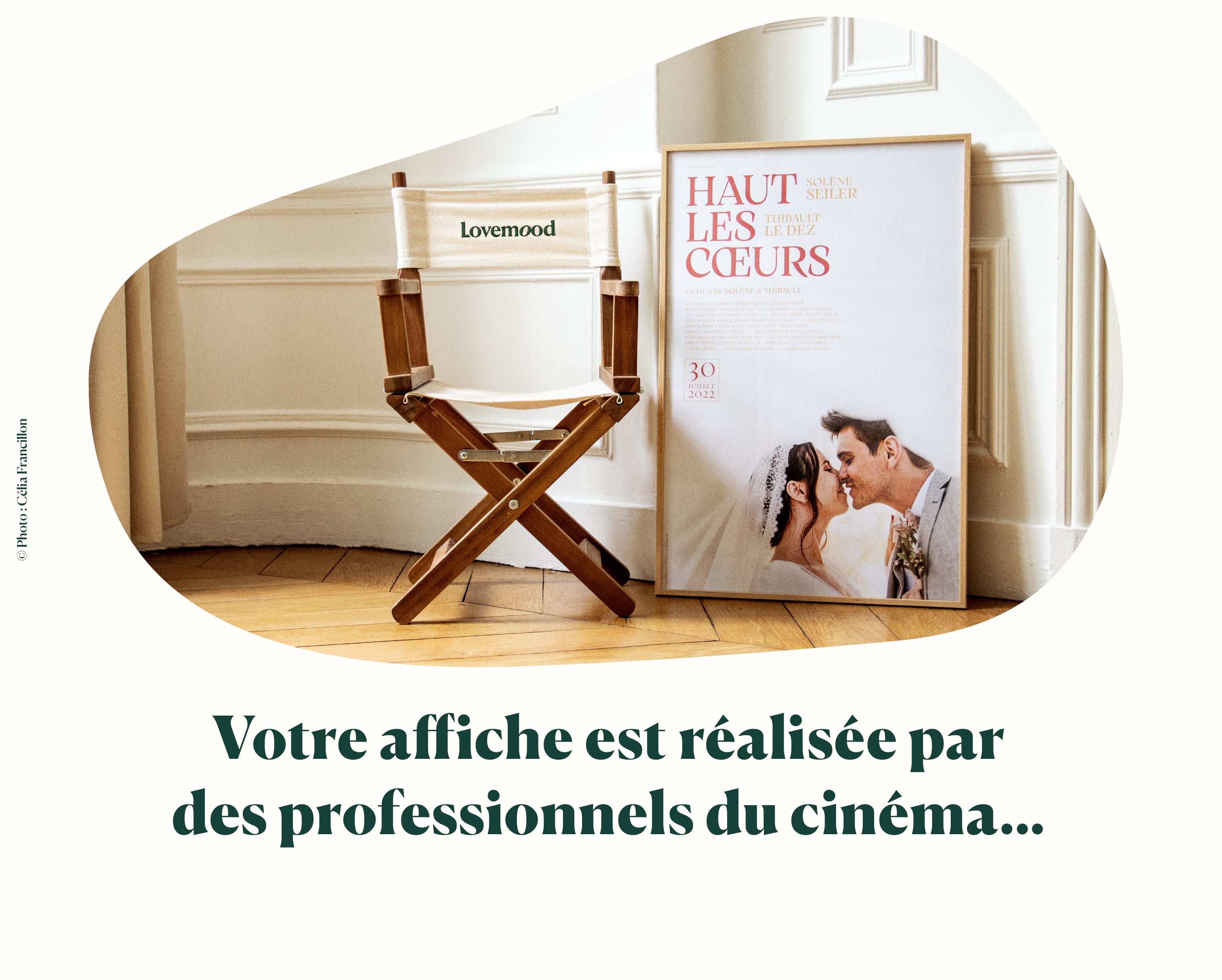 Affiche de film personnalisée mariage réalisée par des professionnels du cinéma - chaise réalisateur Lovemood